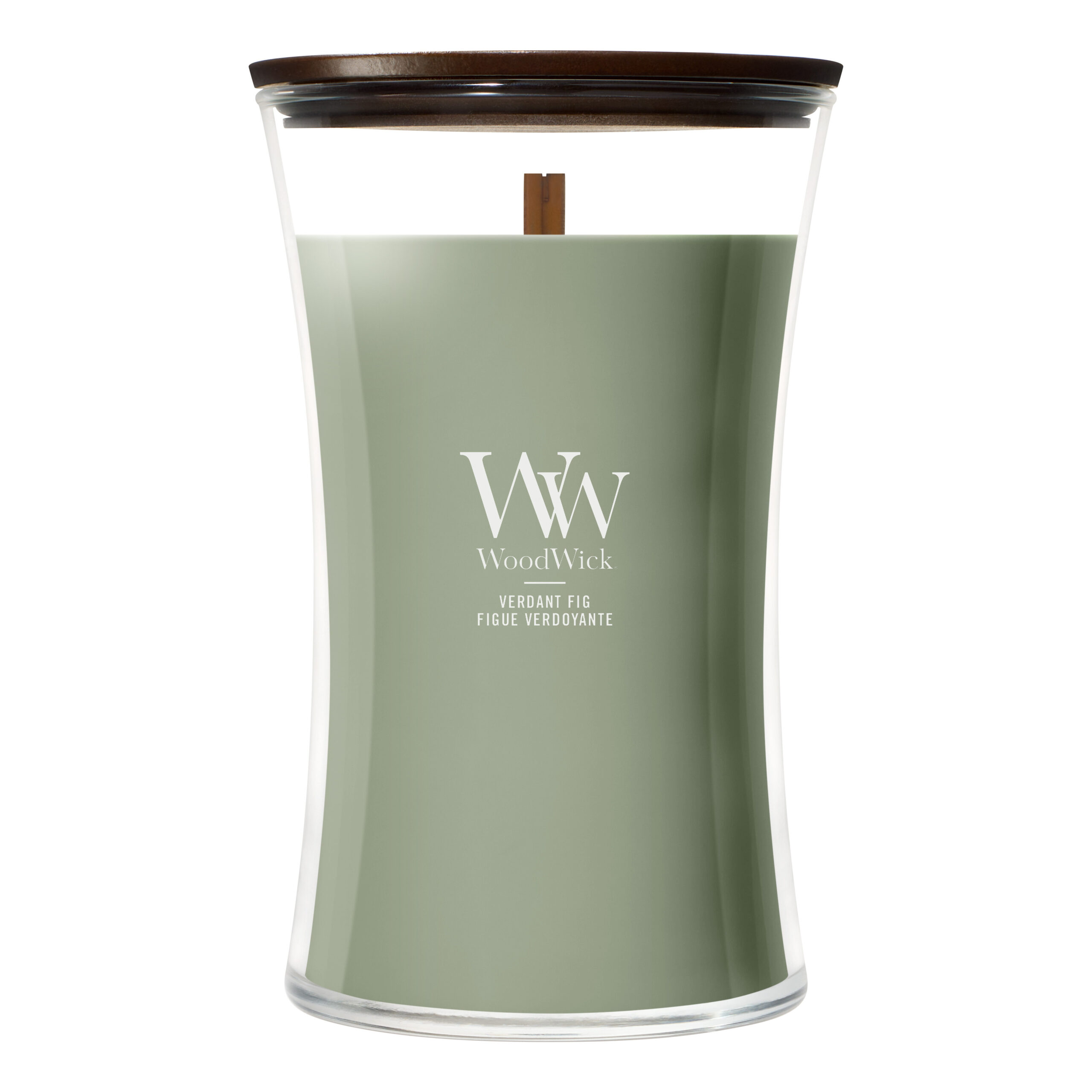 WoodWick Verdant Fig Vorderansicht WoodWick Verdant Fig Kerze im Glas mit sichtbarem Holzdocht