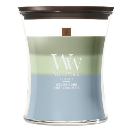 WoodWick Verdant Woods Trilogy Kerze mit sichtbarem Holzdocht und Deckel