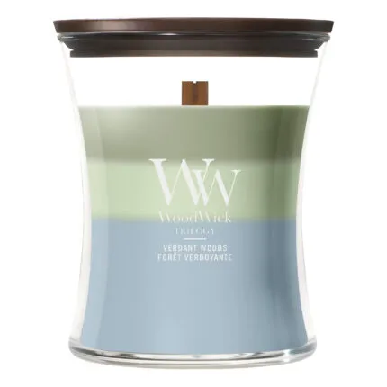 WoodWick Verdant Woods Trilogy Kerze mit sichtbarem Holzdocht und Deckel