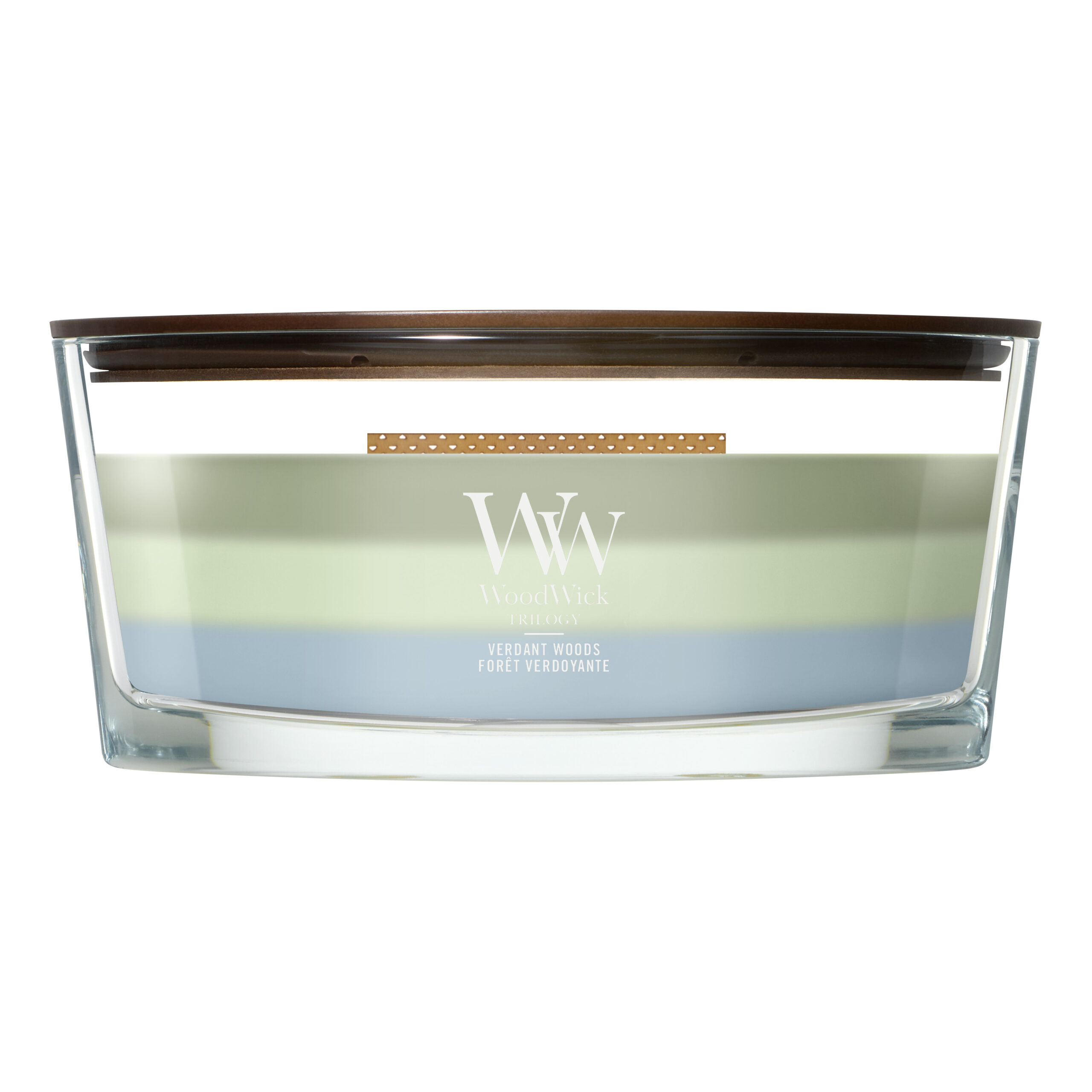 WoodWick Verdant Woods Kerze frontal WoodWick Trilogy Verdant Woods Kerze im rechteckigen Glasbehälter
