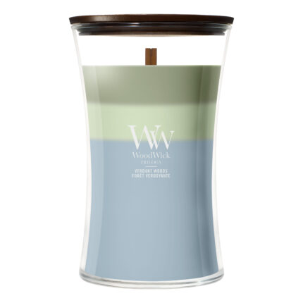 WoodWick Verdant Woods Trilogy Kerze mit dreifarbiger Wachsschicht