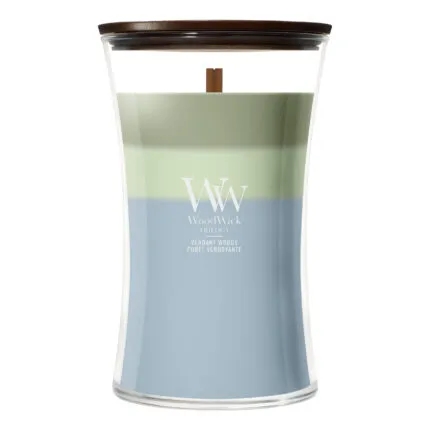 WoodWick Verdant Woods Trilogy Kerze mit dreifarbiger Wachsschicht