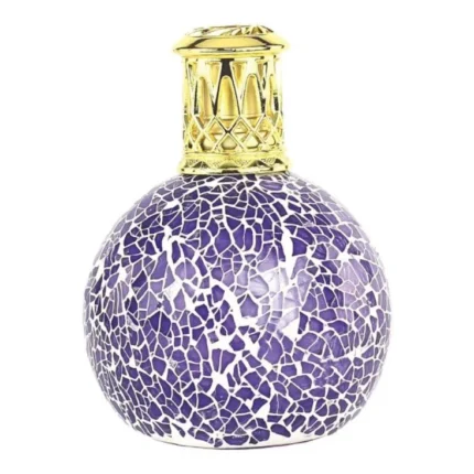 Violette runde Duftlampe mit weißem Mosaikmuster und goldenem Aufsatz