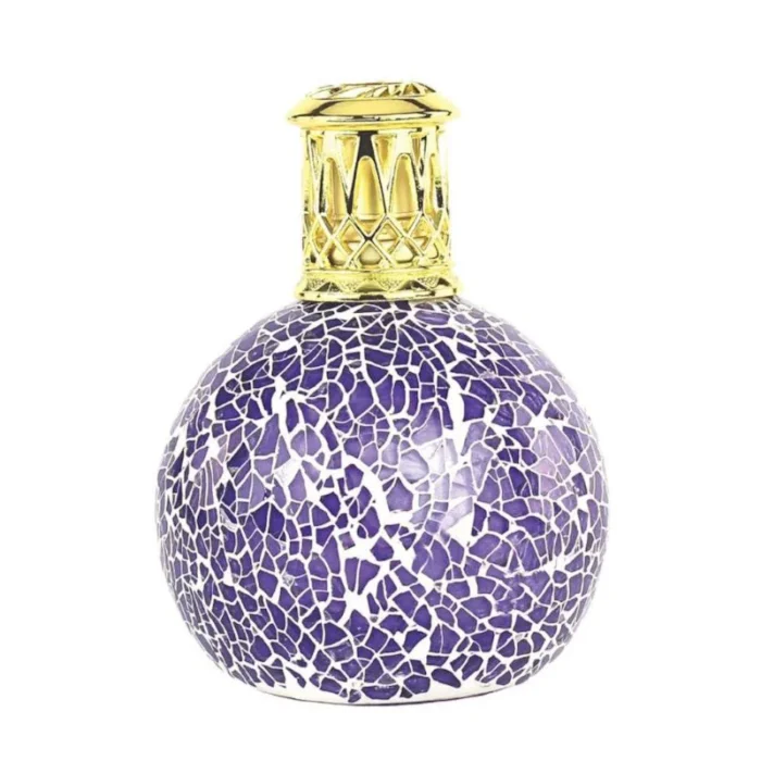 Runde violette Duftlampe mit weißem Mosaikmuster und goldenem Deckel