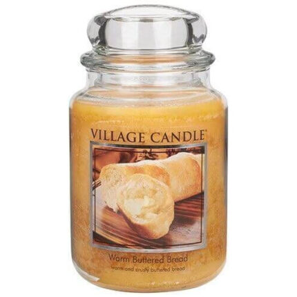 Village Candle Glas mit Etikett Warm Buttered Bread und Brotmotiv