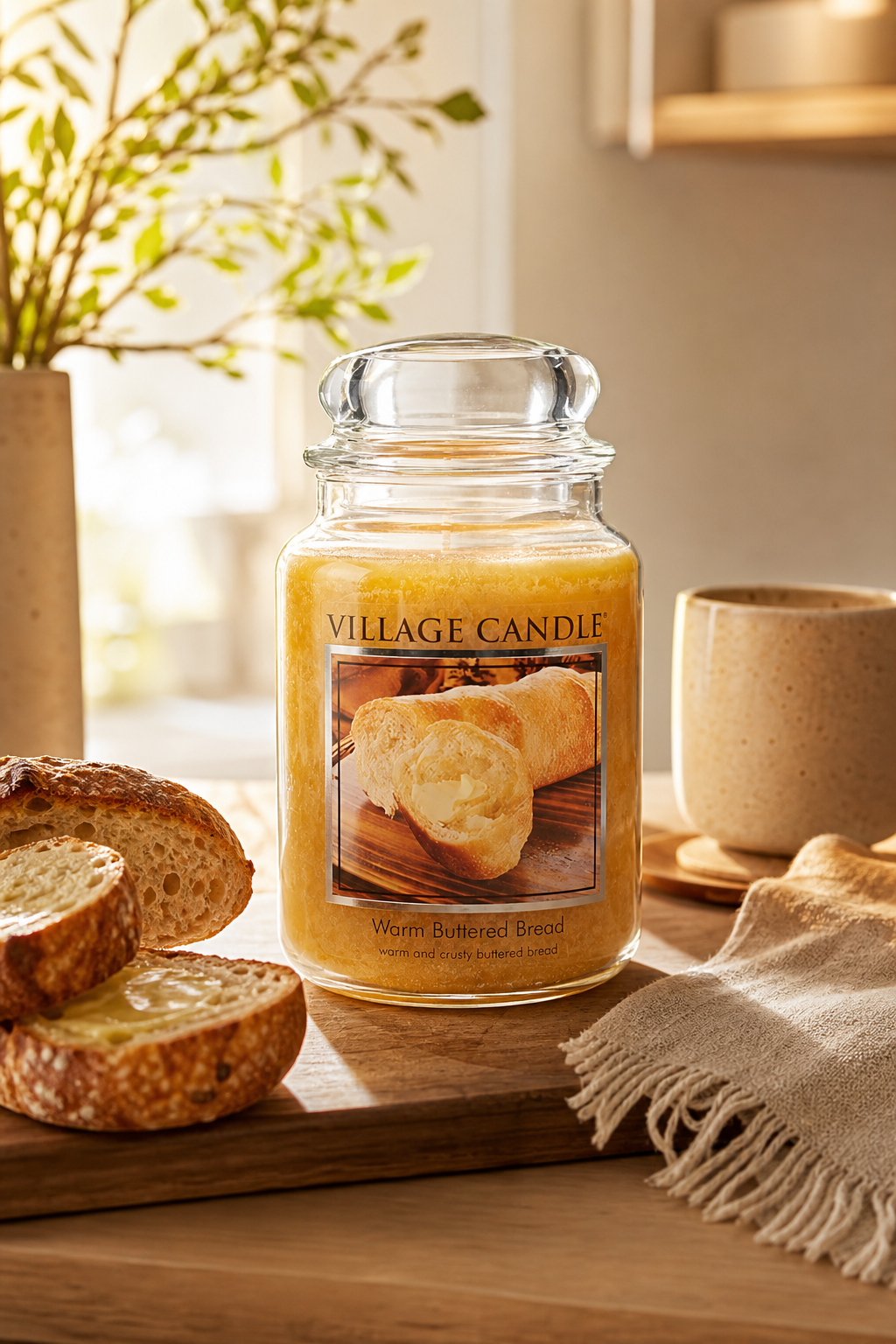 Village Candle Glas mit Brotmotiv auf einem Tisch neben geschnittenem Brot