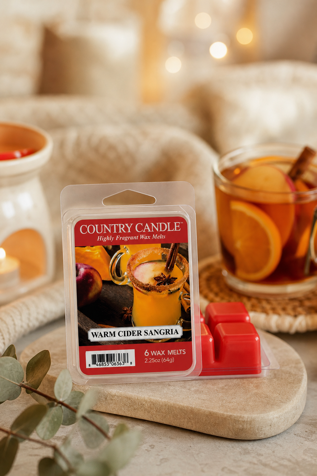 Warm Cider Sangria Wax Melts 64g in einer stimmungsvollen Anwendungsszene