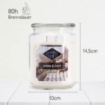 Warm & Cozy Duftkerze mit 80 Stunden Brenndauer sowie Maßangaben