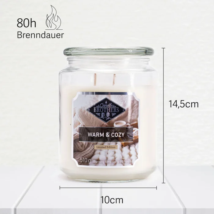 Warm & Cozy Duftkerze mit 80 Stunden Brenndauer sowie Maßangaben