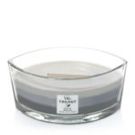 Offene WoodWick Trilogy Kerze im Glas mit sichtbarem Docht