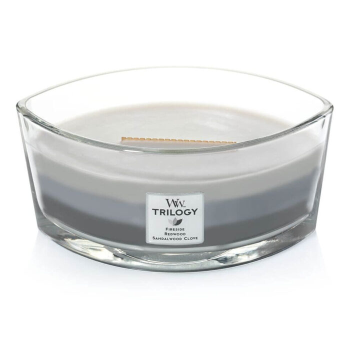 WoodWick Trilogy Kerze im Glas ohne Deckel mit sichtbarem Docht