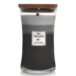 WoodWick Trilogy Warm Woods Kerze mit Holzdeckel auf weißem Hintergrund