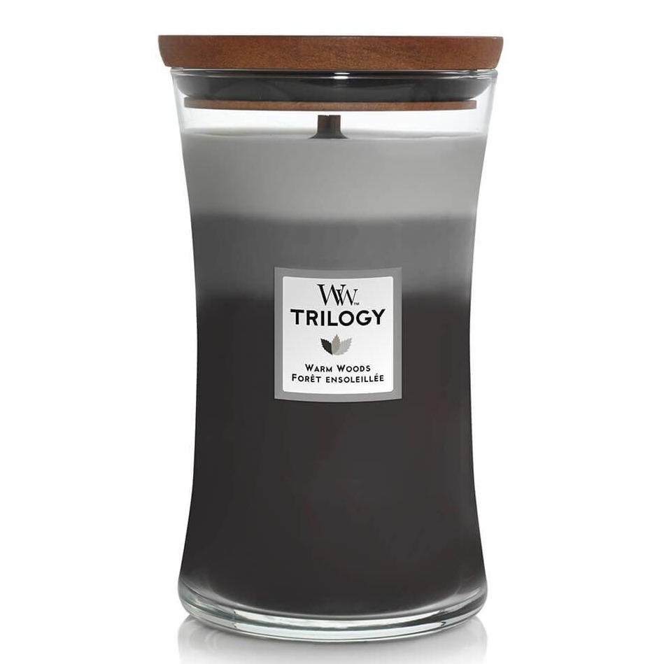 WoodWick Warm Woods Kerze WoodWick Trilogy Warm Woods Kerze mit Holzdeckel auf weißem Hintergrund