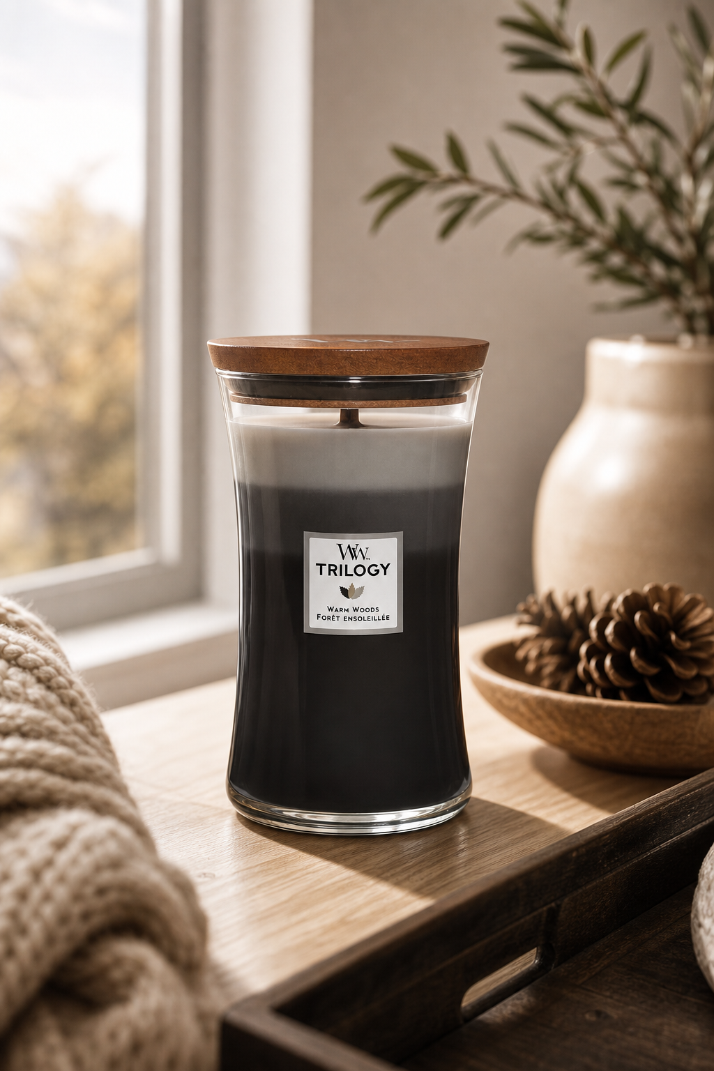 WoodWick Trilogy Warm Woods Kerze mit Deckel auf einem Tisch