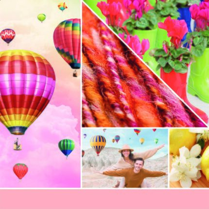 Collage mit Heißluftballons, Blumen, Textilien, Menschen und Zitrusblüten