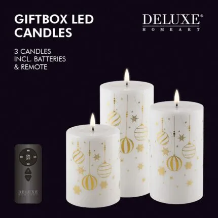 Weihnachts-Giftbox Stumpenkerzen LED weiß/gold mit Aufdruck – Hauptansicht