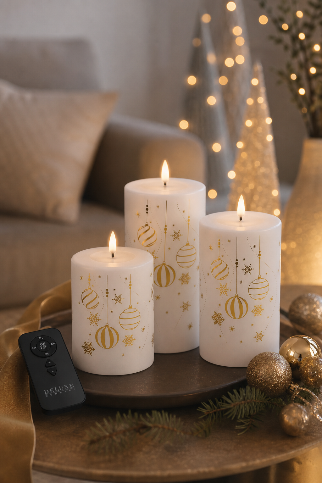 Weihnachts-Giftbox LED Stumpenkerzen weiß/gold in einer stimmungsvollen Anwendungsszene