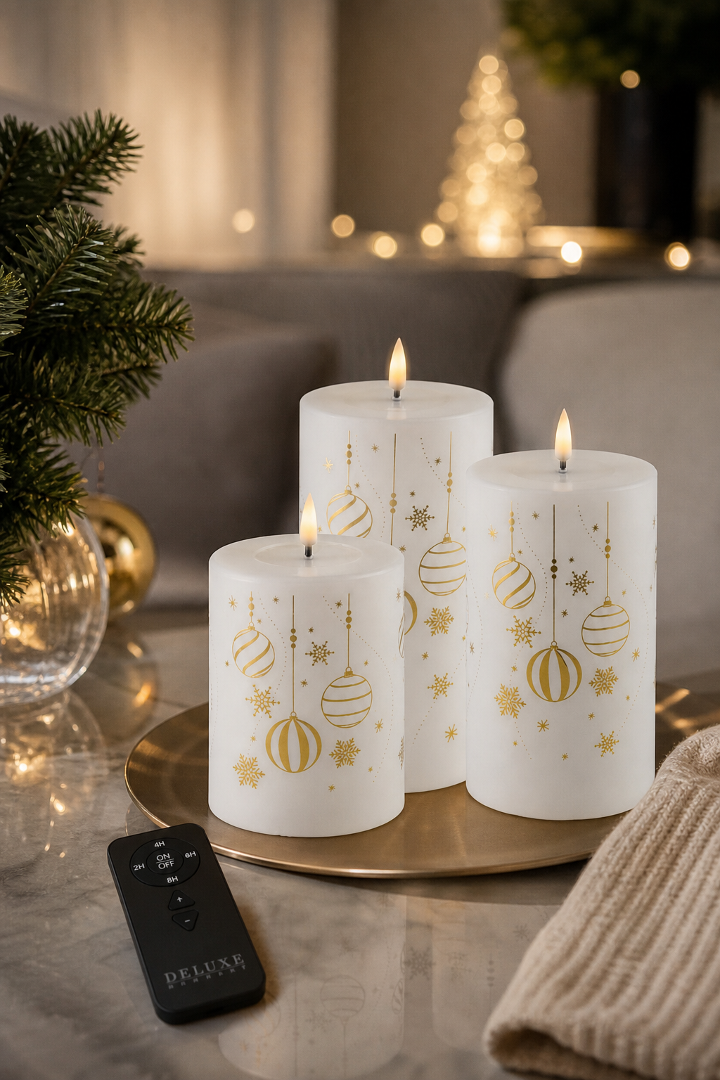 Weihnachts-Giftbox Stumpenkerzen LED weiß/gold mit in einer stimmungsvollen Anwendungsszene