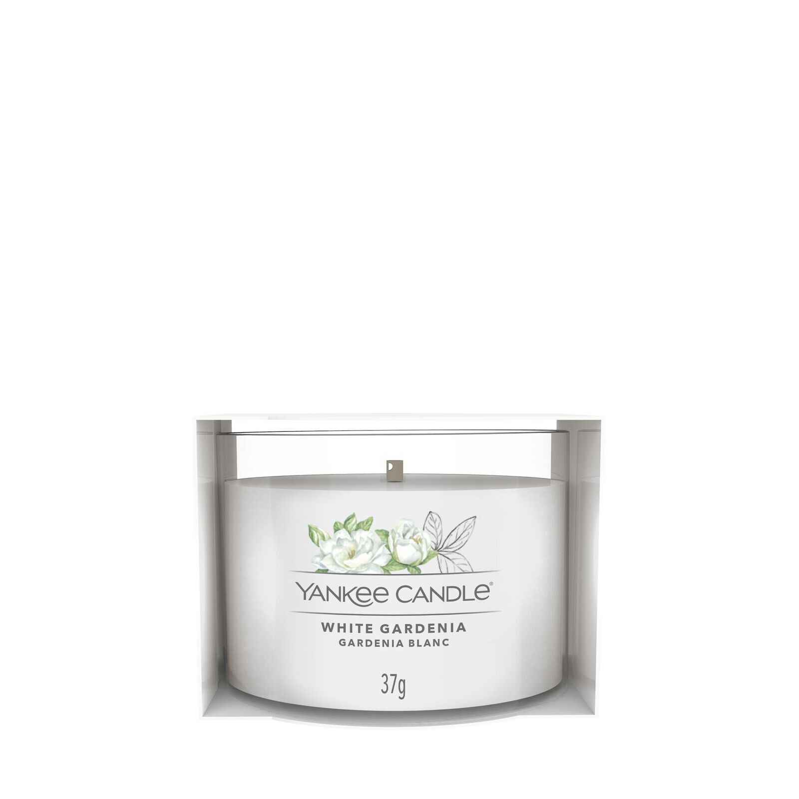 Yankee Candle White Gardenia 37 g Yankee Candle White Gardenia Kerze in Verpackung mit Blumenmotiv und 37 g
