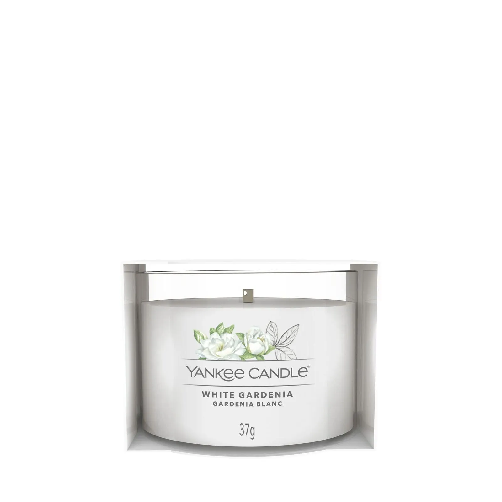 Yankee Candle White Gardenia 37 g Yankee Candle White Gardenia Kerze in Verpackung mit Blumenmotiv und 37 g