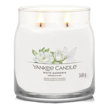 Brennende White Gardenia Duftkerze mit zwei Flammen im Glas