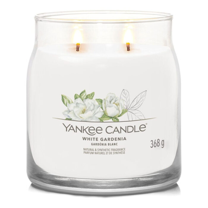 Brennende White Gardenia Duftkerze mit zwei Flammen im Glas
