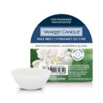 White Gardenia Wax Melt von Yankee Candle mit Verpackung und weißer Schale