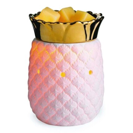 Weiße Ananas-Duftlampe mit goldfarbenem Aufsatz und Wachswürfeln