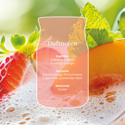Duftnoten-Grafik mit Erdbeere, Ananas, Orange, Mango, Pfirsichnektar und Zucker