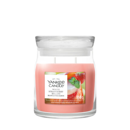White Strawberry Bellini Kerze im Glas mit Etikett und zwei sichtbaren Dochten