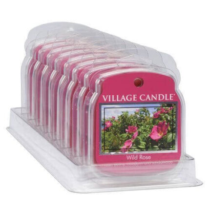 Mehrere verpackte Village Candle Wild Rose Duftwachse in einer Kunststoffhalterung