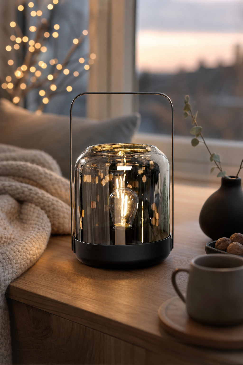 Windlicht Bright Silber LED Glas 24cm in einer stimmungsvollen Anwendungsszene