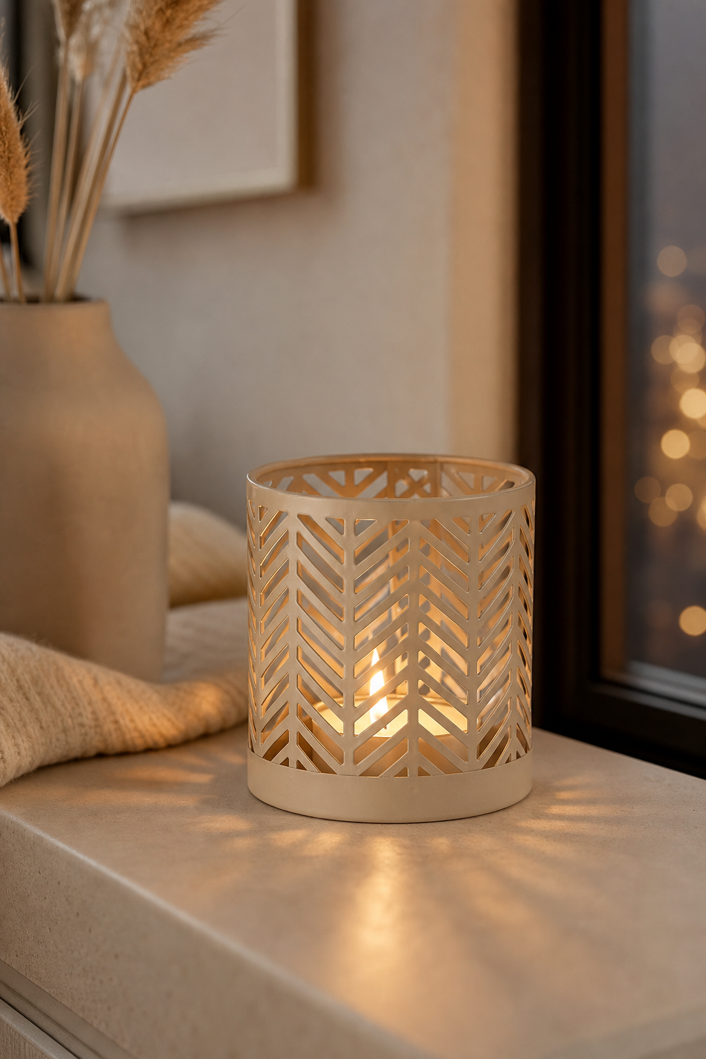 Windlicht Dunvilla 8cm beige in einer stimmungsvollen Anwendungsszene