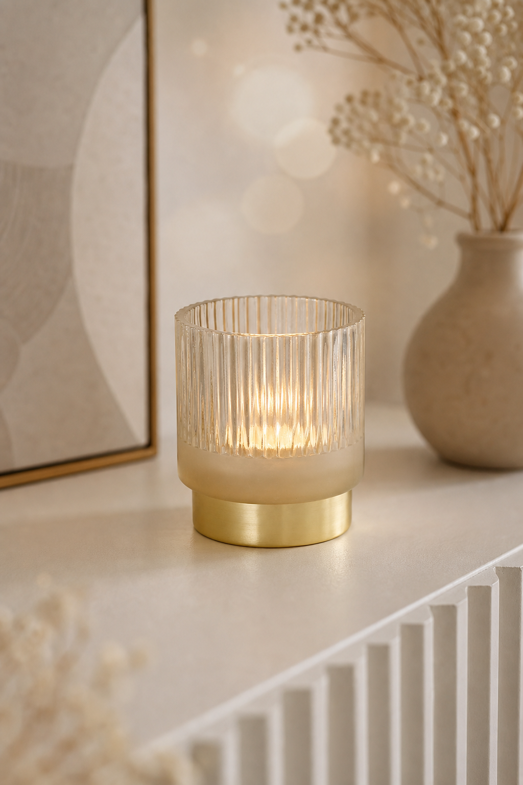 Windlicht Gloria 9cm beige in einer stimmungsvollen Anwendungsszene