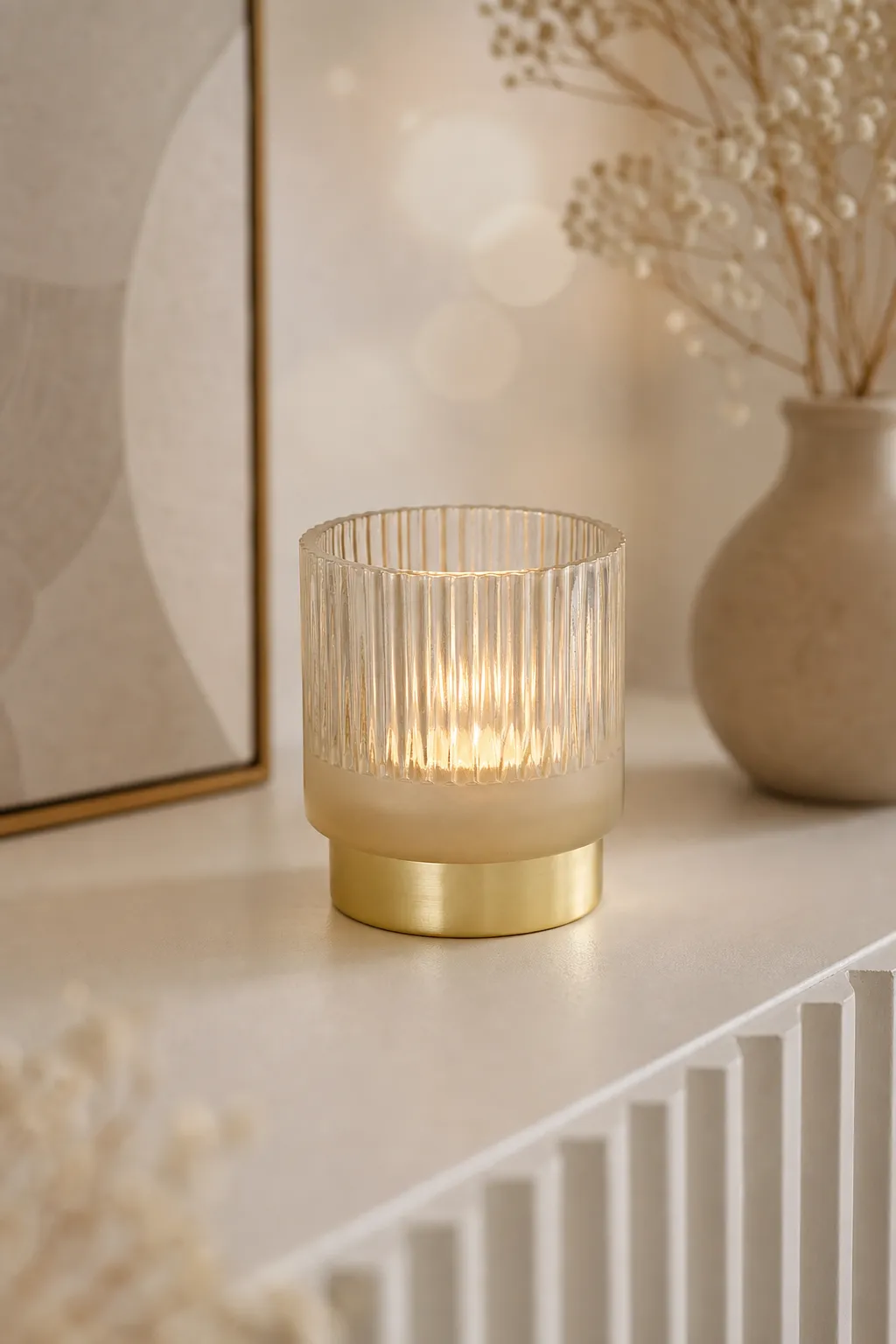 Windlicht Gloria 9cm beige – Stimmungsbild Windlicht Gloria 9cm beige in einer stimmungsvollen Anwendungsszene