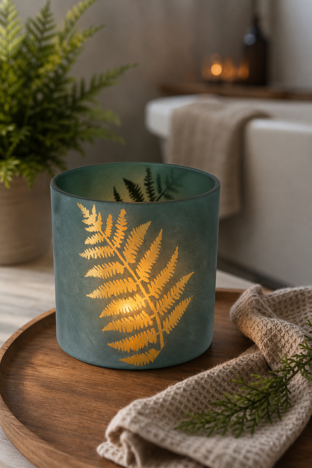 Windlicht Greeny grün 15cm Farn in einer stimmungsvollen Anwendungsszene