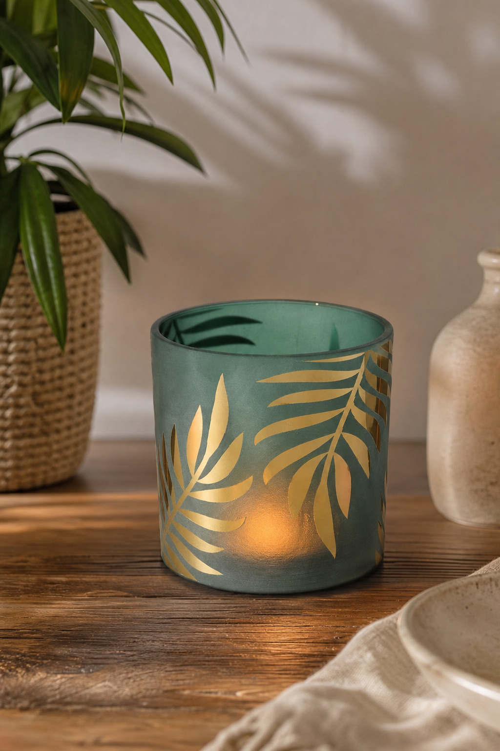 Windlicht Greeny grün 15cm Palme in einer stimmungsvollen Anwendungsszene