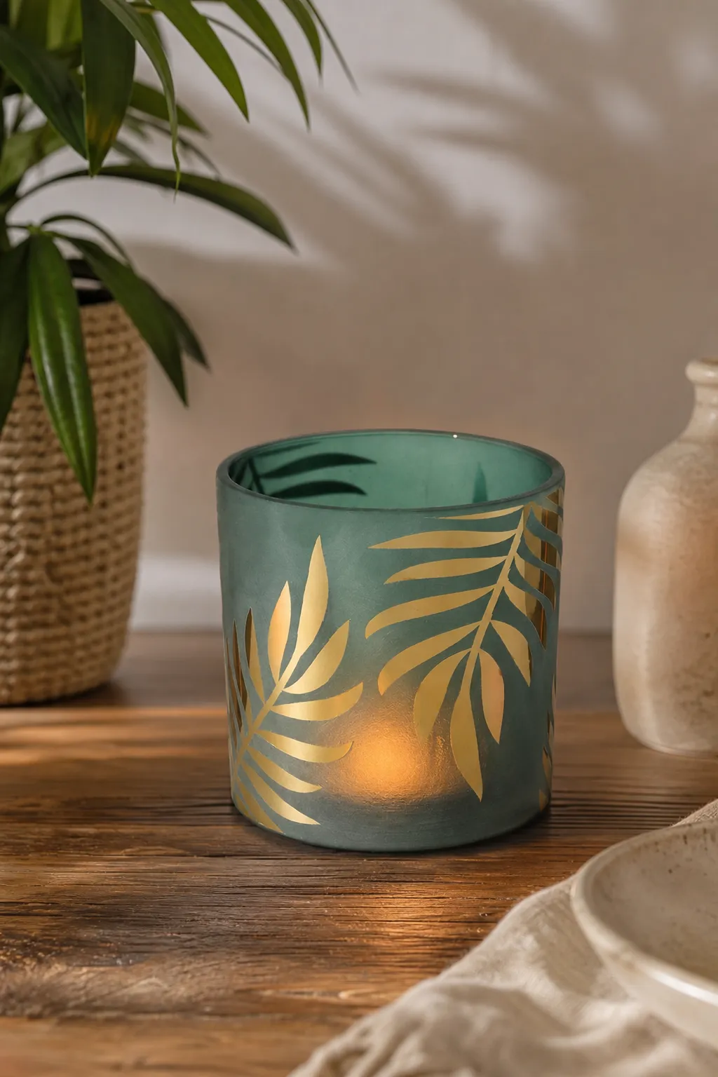 Windlicht Greeny grün 15cm Palme – Stimmungsbild Windlicht Greeny grün 15cm Palme in einer stimmungsvollen Anwendungsszene