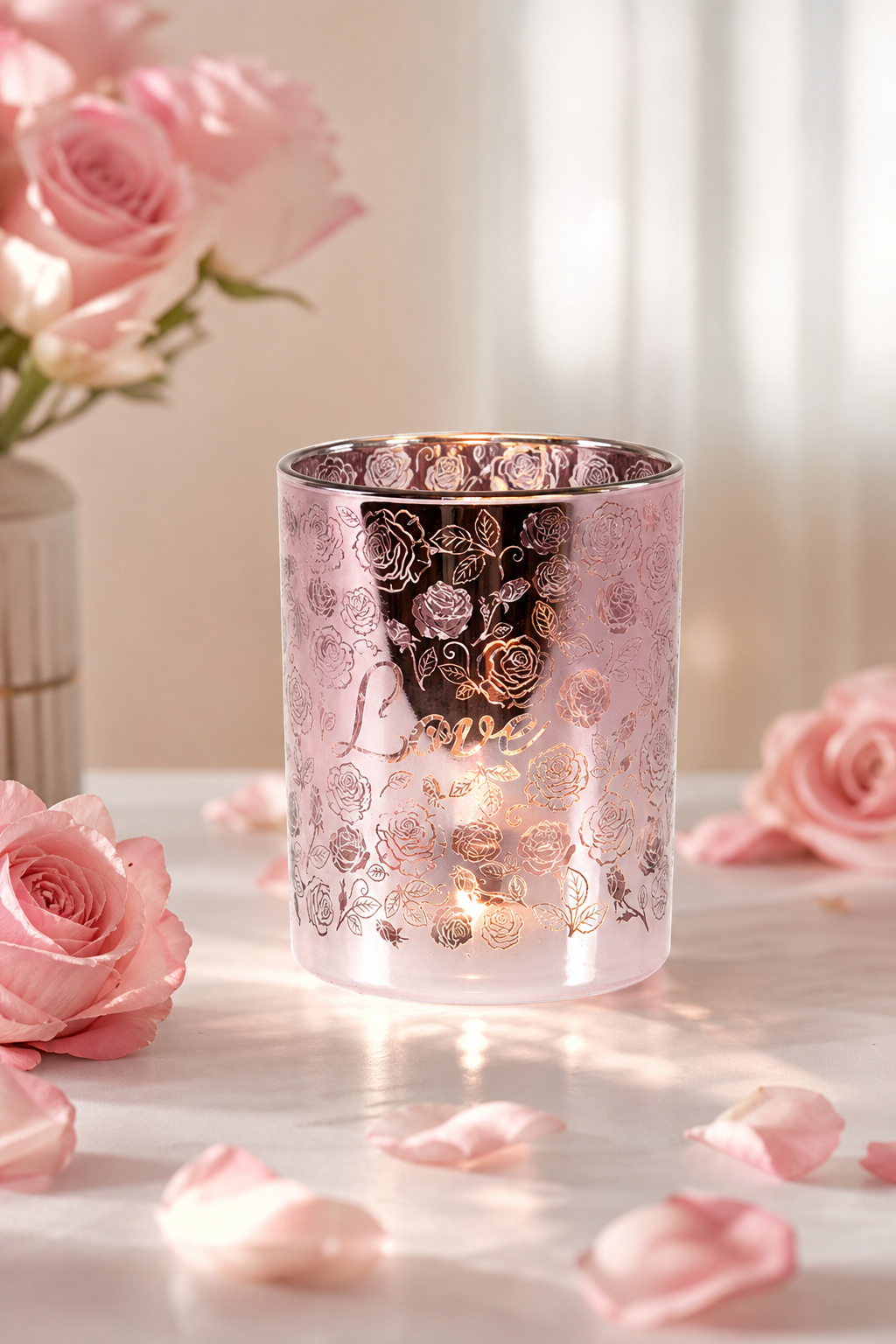 Windlicht Love mit Rosen L in einer stimmungsvollen Anwendungsszene