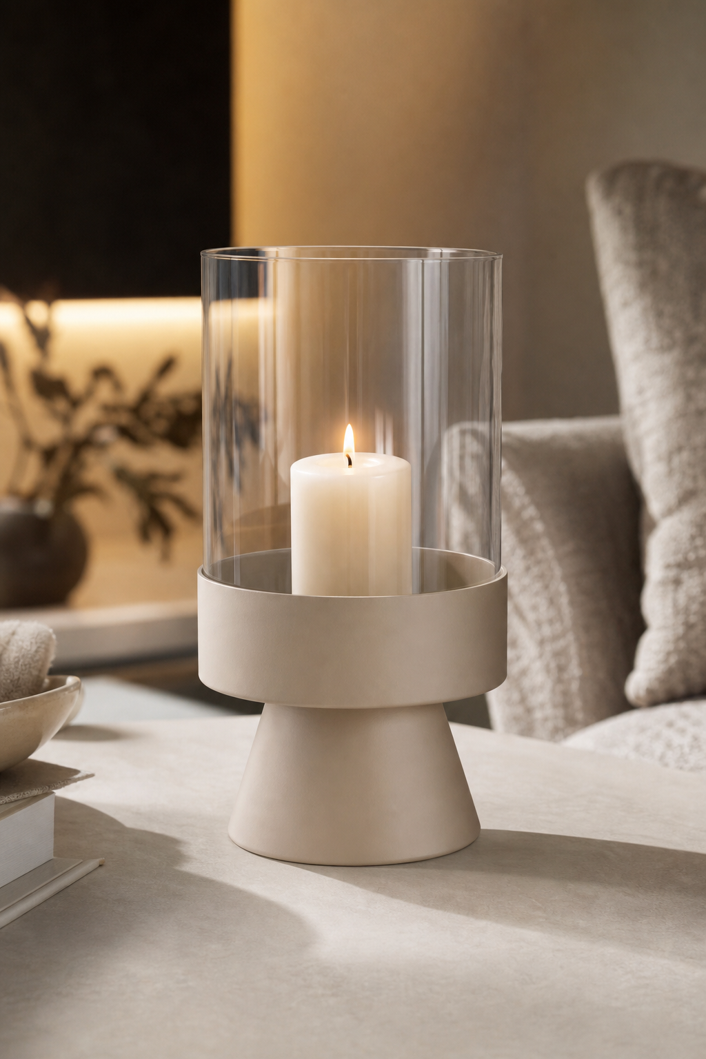 Windlicht Pallas 29cm beige in einer stimmungsvollen Anwendungsszene