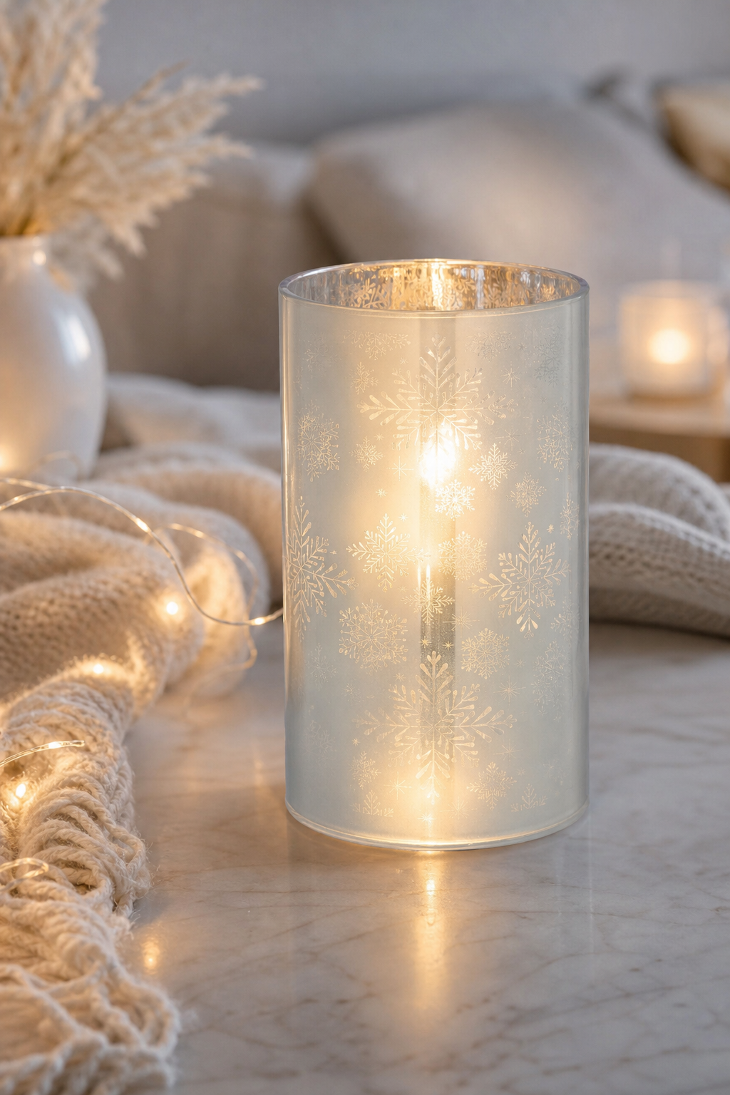Windlicht Schneeflocke LED Glas 18cm in einer stimmungsvollen Anwendungsszene