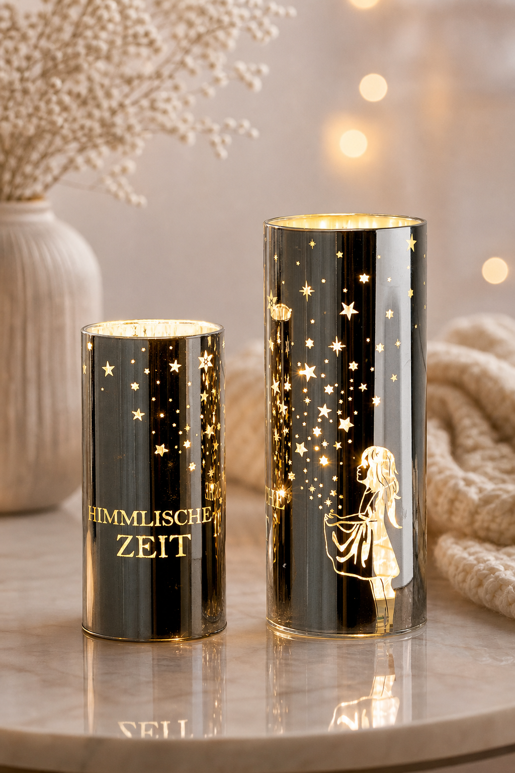 Windlicht Sternenmädchen silber LED Glas 15cm in einer stimmungsvollen Anwendungsszene