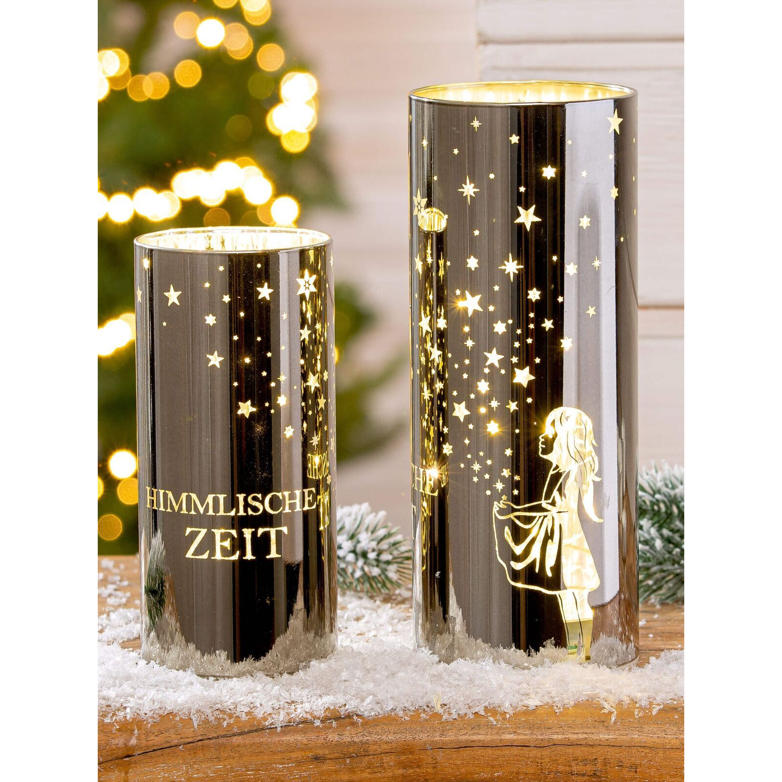 Produktbild Windlicht Sternenmädchen silber LED Glas 20cm – Hauptansicht