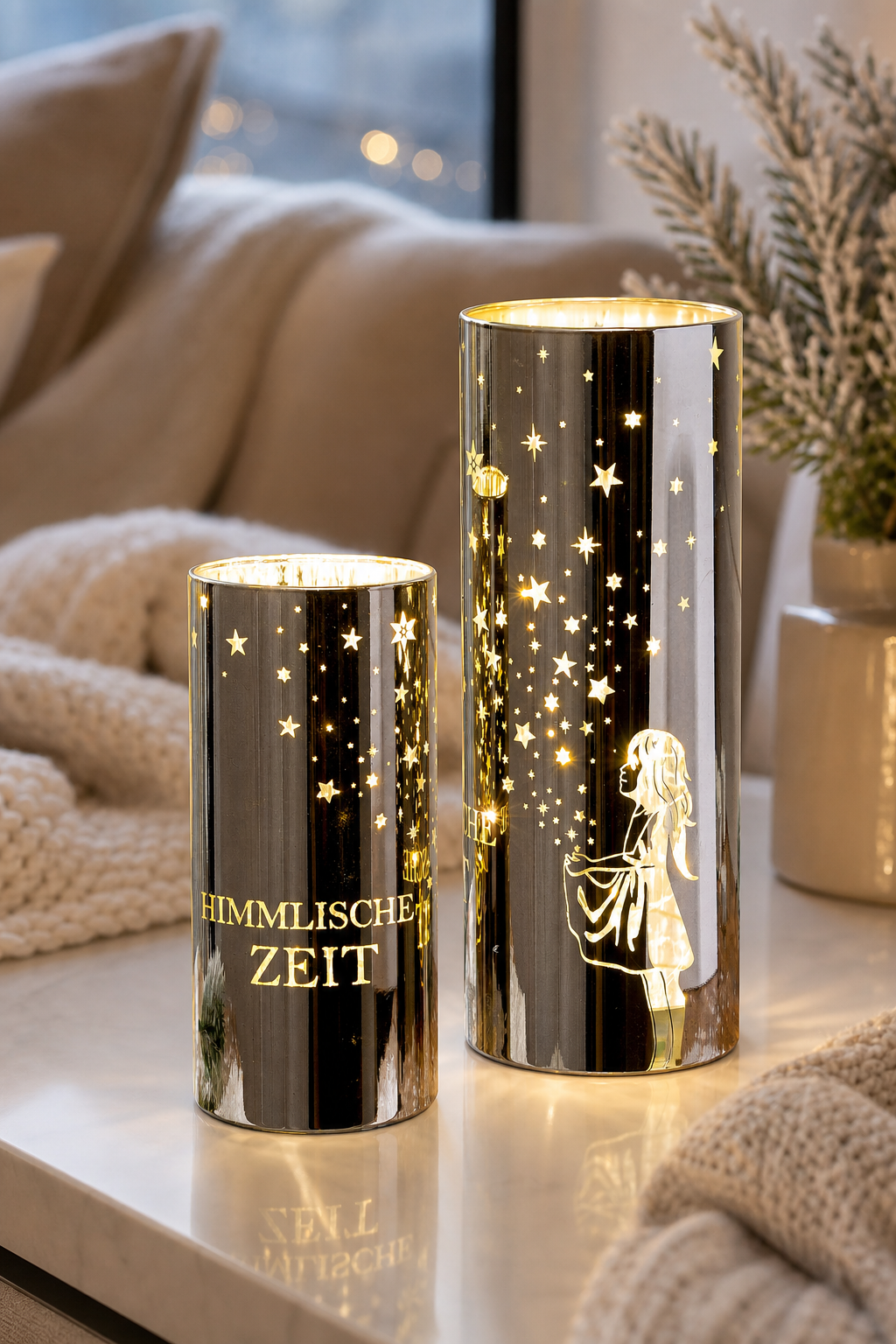 Windlicht Sternenmädchen silber LED Glas 20cm in einer stimmungsvollen Anwendungsszene