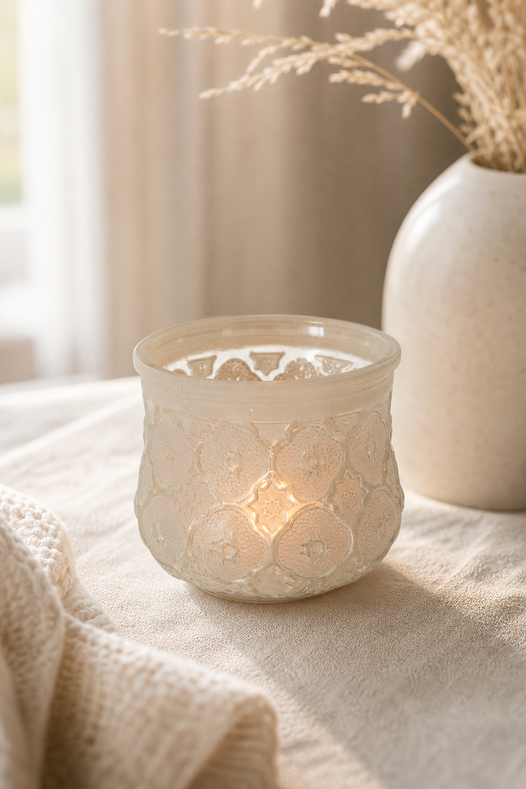 Windlicht Tunis 9cm beige in einer stimmungsvollen Anwendungsszene