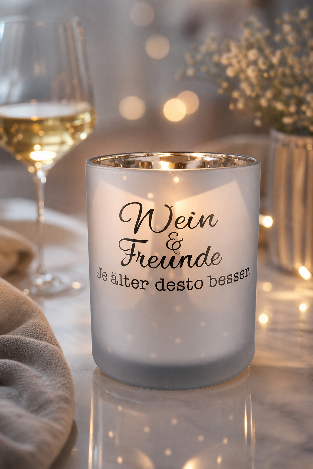 Windlicht Weinfest silber 12cm Punkte in einer stimmungsvollen Anwendungsszene