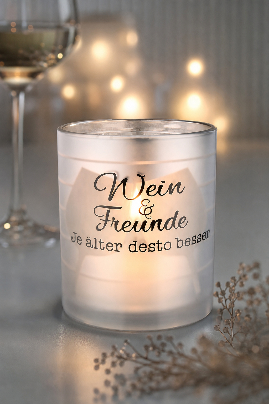 Windlicht Weinfest silber 12cm Streifen in einer stimmungsvollen Anwendungsszene