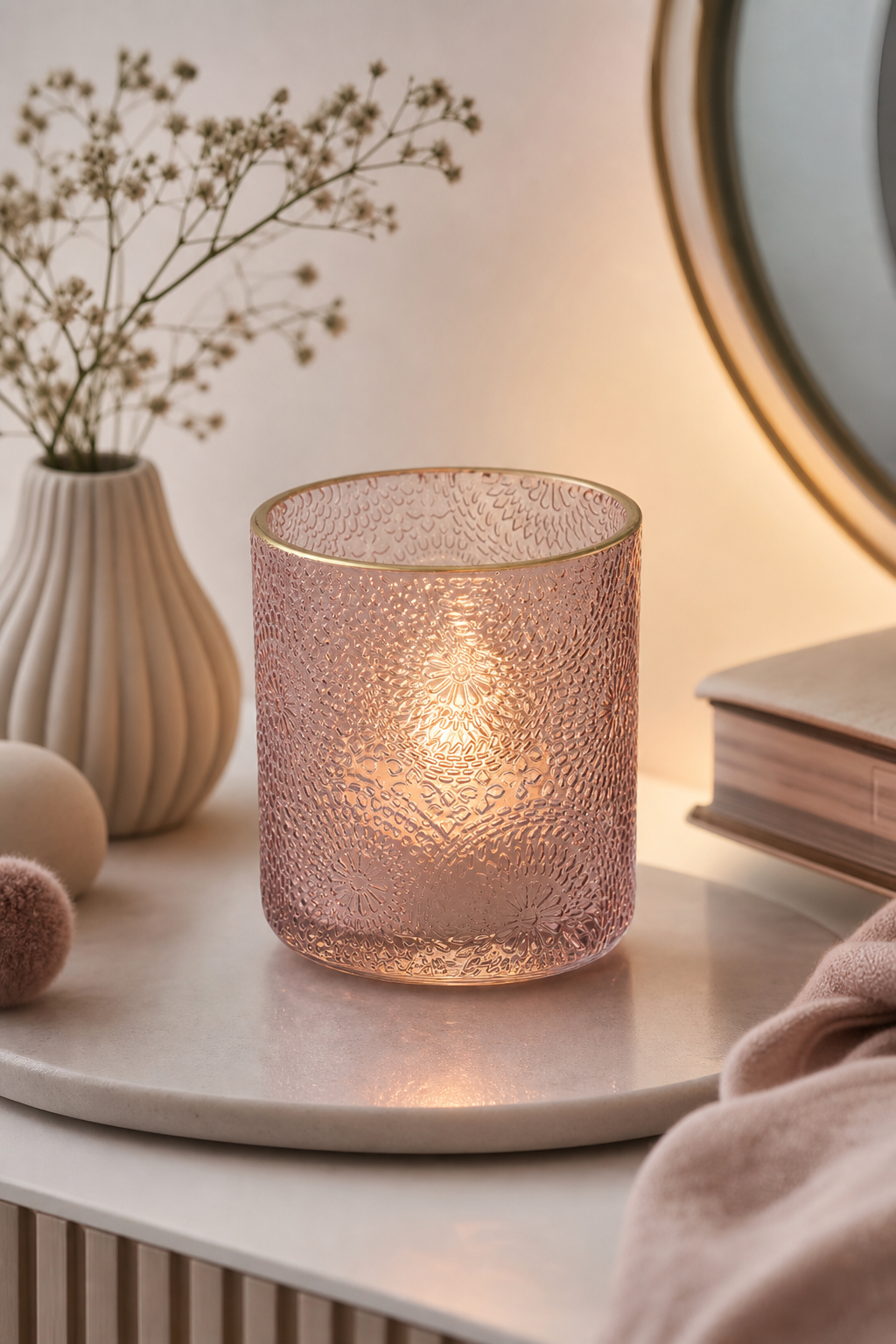 Windlicht mit Goldrand Ornamentdesign in einer stimmungsvollen Anwendungsszene
