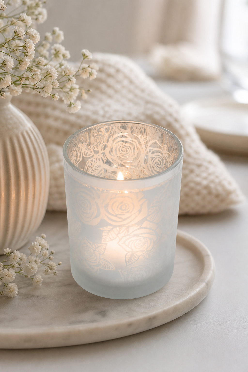Windlicht weiß Rosendesign M in einer stimmungsvollen Anwendungsszene