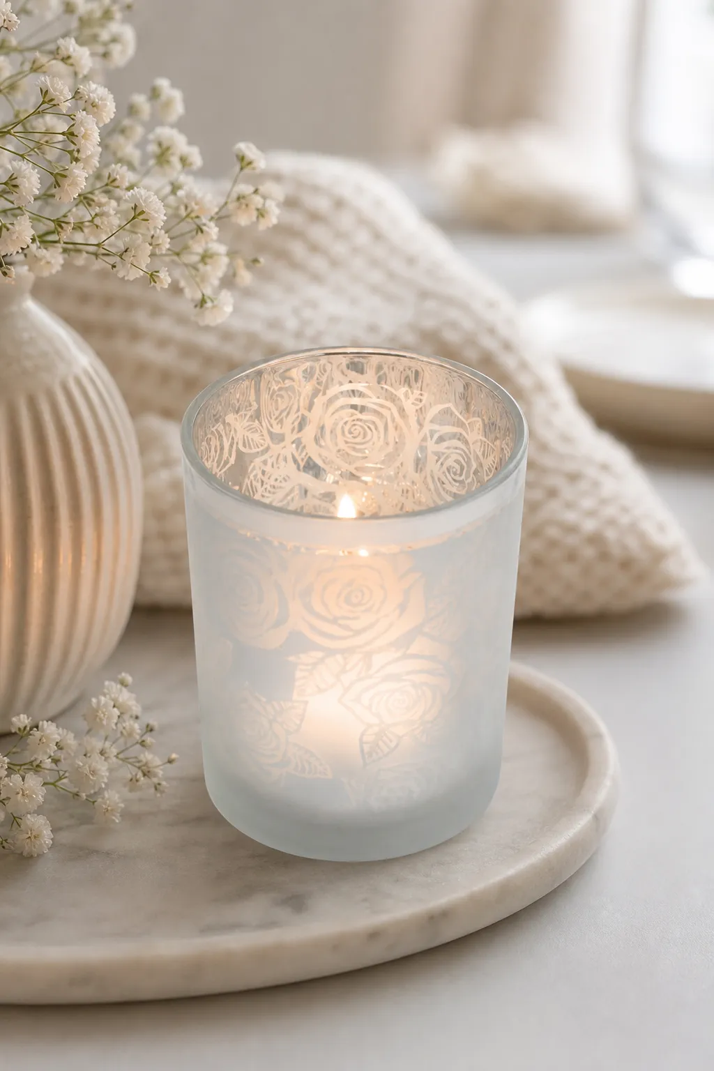 Windlicht weiß Rosendesign M – Stimmungsbild Windlicht weiß Rosendesign M in einer stimmungsvollen Anwendungsszene